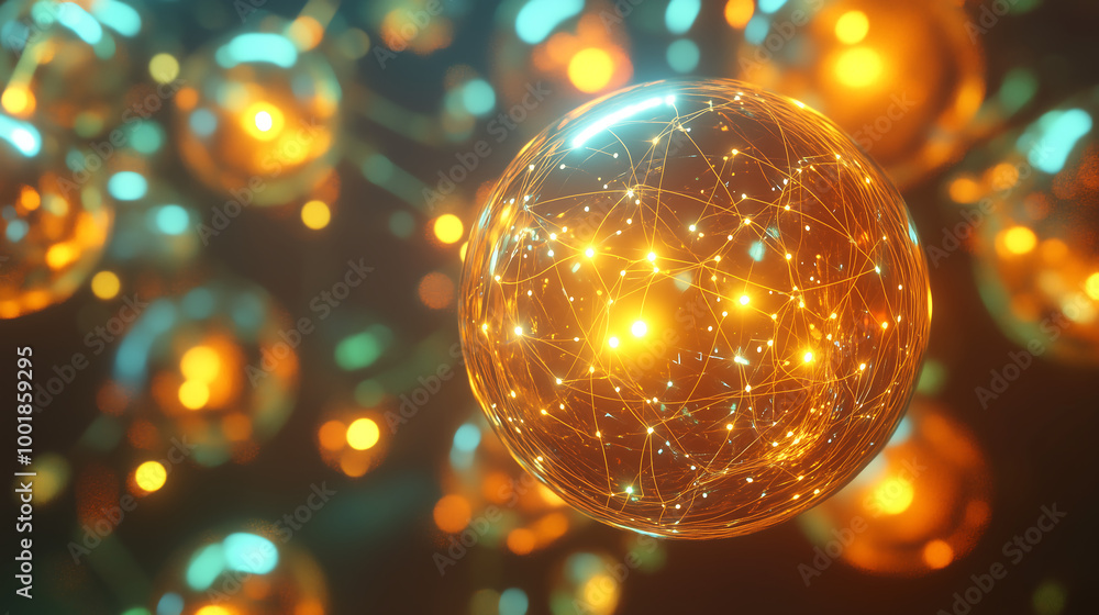 Poster abstract digital rendering of interconnected glowing spheres in futuristic network and cyber landsca