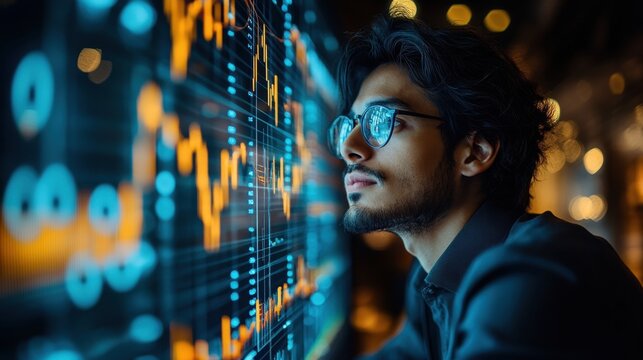 Businessperson analyzing data on a computer screen with charts and graphs 