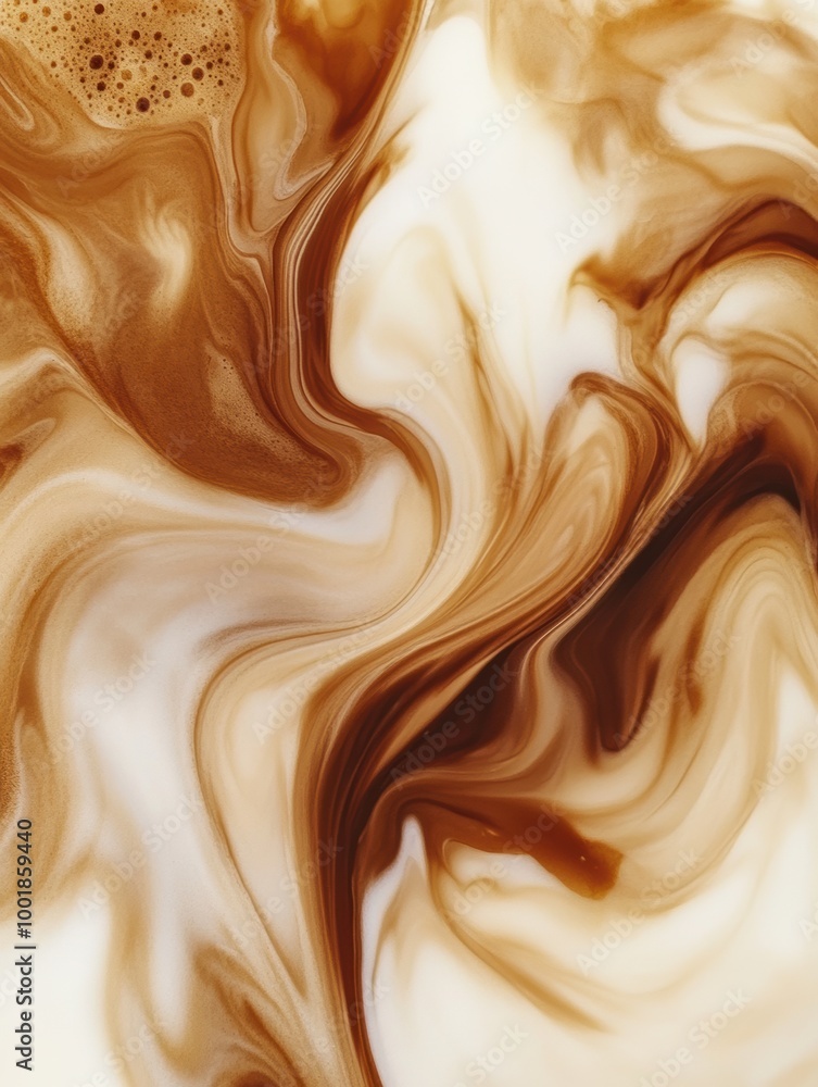 Leinwandbilder Swirling coffee blends into milk, creating an abstract pattern of rich caramel tones in a warm, inviting setting. Generative AI