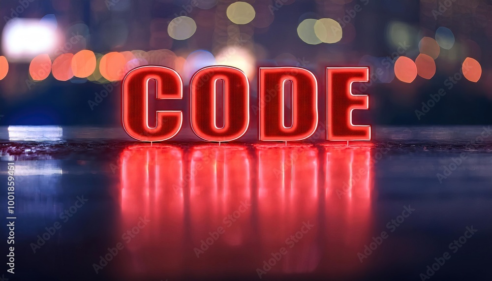 Poster illuminated red code text with blurred background
