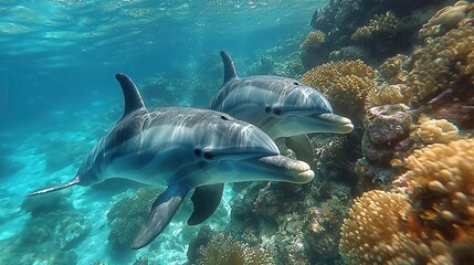 Dolphins Swimming Among Beautiful Coral Reefs