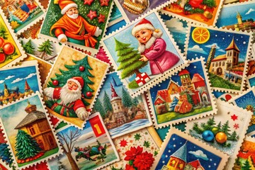 Naklejka premium Vintage Holiday Postcard Stamps Collection Featuring Various Festive Designs and Colors