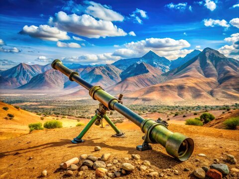 Vintage Panzerfaust Anti-Tank Weapon Against Arid African Landscape with Distant Mountains and Sky
