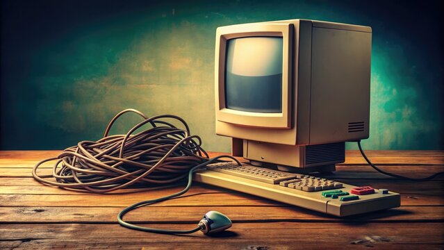 Vintage Outdated Computer on a Wooden Desk with Tangled Cables and Dusty Monitor Displaying Icons