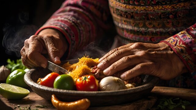 Las manos de una mujer peruana cocinando un plato tradicional