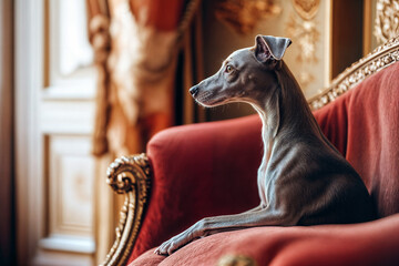 Italian Greyhound dog sitting in an elegant room, elegant and stylish
