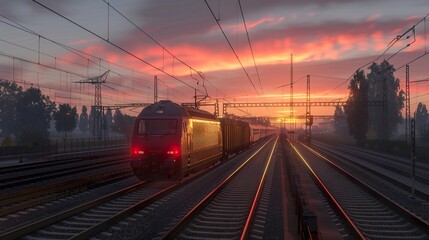 Fototapeta premium Train Journey at Sunset: A Captivating View of Railroad Tracks
