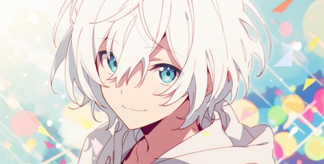Happy Anime Boy with White Hair and Blue Eyes in a Cool Pose Against a Colorful Outdoor Background with Bright Sunshine