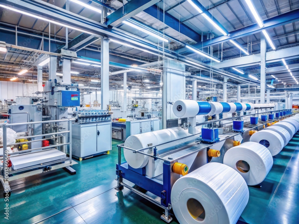 Poster white label manufacturing process in factory setting with machines and products on production line