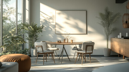 Fototapeta premium Modern dining room with a large window, wooden table, and chairs.