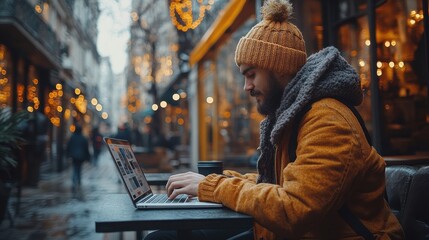 Freelancer working on a laptop in a stylish café environment with notebook and coffee 