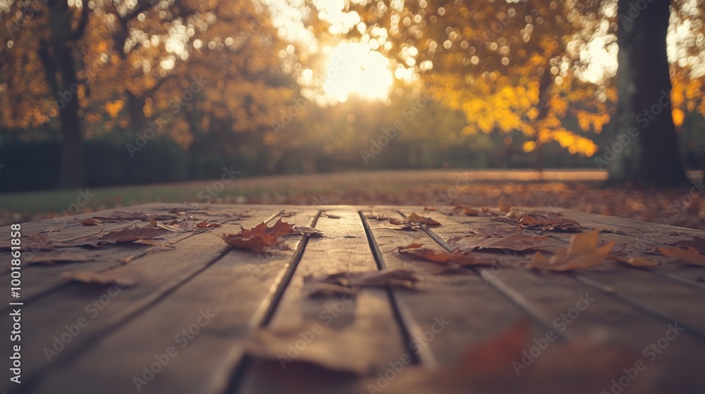 Poster an empty rustic picnic table is set against a backdrop of golden autumn trees, with fallen leaves sc