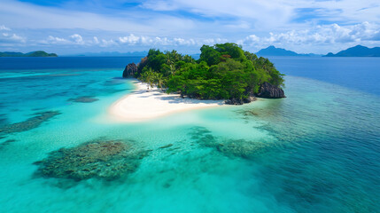 Fototapeta premium Tropical island paradise with white sandy beach and crystal clear turquoise waters