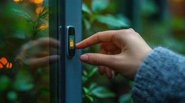 Hands installing a new security system sensor on a window 
