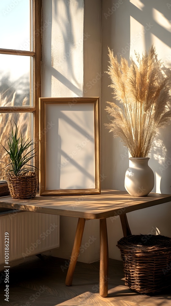 Poster minimal style mockup frame on neutral toned desk with uncluttered appearance