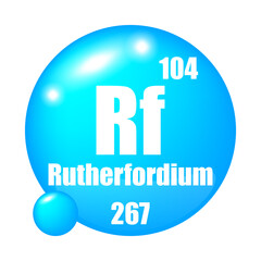 Rutherfordium icon. Rf chemical element. Atomic number 104. Mass 267. Blue sphere symbol.