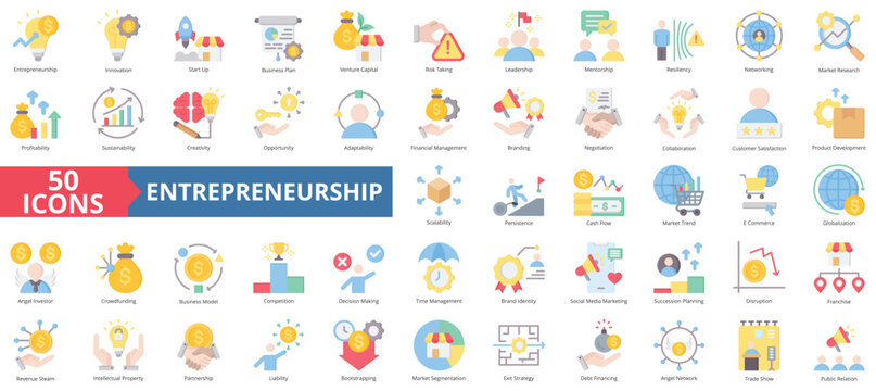 Entrepreneurship icon collection set. Containing innovation, start up, business plan, venture capital, risk taking, leadership, mentorship icon. Simple flat color illustration.