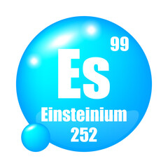 Einsteinium icon. Es chemical element. Atomic number 99. Mass 252. Blue sphere symbol.