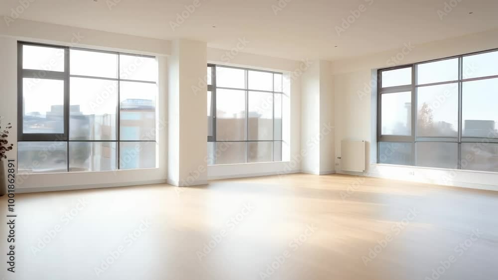 Poster Sunlight streams through large windows in empty room with hardwood floor and white walls, creating bright, spacious atmosphere. Ideal for modern, minimalist lifestyle seekers