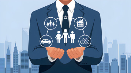 Businessman Holding Diverse Icons Representing Corporate Solutions and Services
