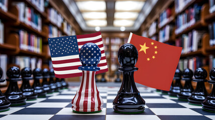 Naklejka premium Chess Match Between Black and White Pawns Representing Global Conflict and Diplomacy