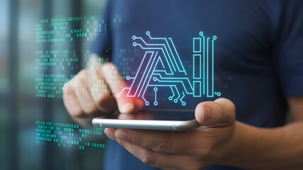Digital innovation and technology in focus with a partially visible person using a smartphone or device