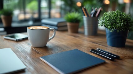 Office desk setup with a computer, coffee cup, and stationary organized neatly 