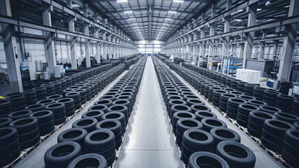Fototapeta premium Expansive Industrial Warehouse Storing Tires in Organized Shelving System