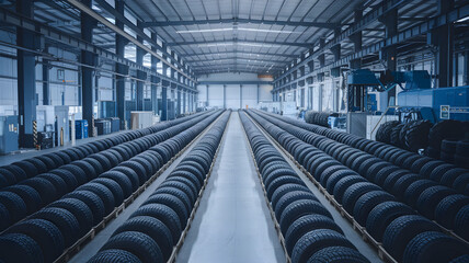 Fototapeta premium Expansive Warehouse Storing Abundant Automotive Tires in Organized Rows and Shelves