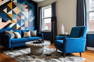 Deep Blue Accent Armchair and Contemporary Stone Coffee Table in Modern Artistic Living Room with Geometric Mural