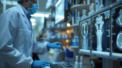 A close-up of doctor investigates MRI and bone CT images of a knee in a cutting-edge radiology orthopedic department, surrounded by diagnostic tools.