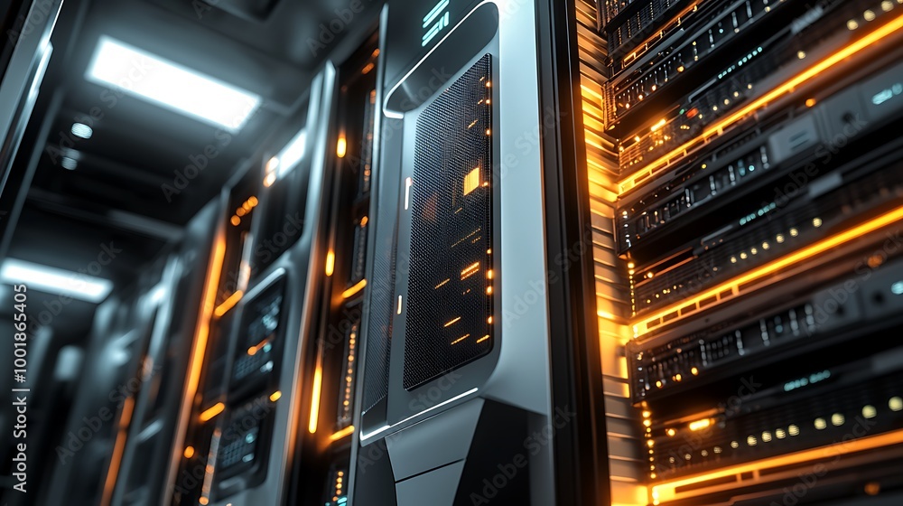 Aufkleber Rows of servers in a data center with glowing lights.