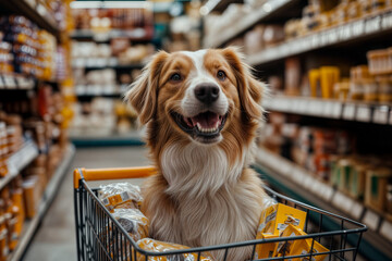 Australian Shepherd dog happy shopping in a supermarket, pushing a trolley full of products
