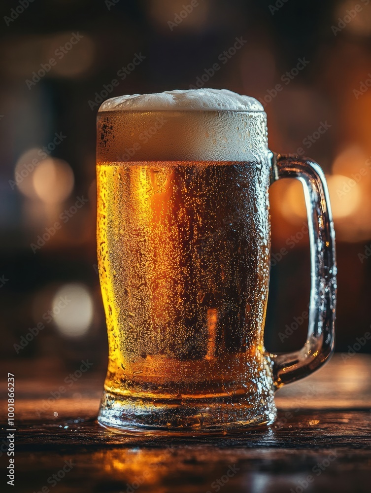 Poster A close-up view of a frothy beer mug with foam spilling over on a rustic wooden table in a cozy setting. Generative AI