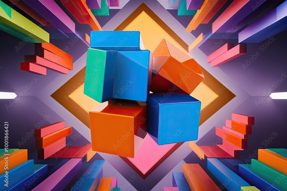 Poster connected colorful 3d cubes in a geometric abstract background