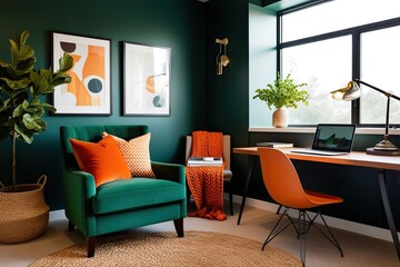 Stylish Green Armchair with Orange Pillows and Knitted Throw in Contemporary Home Office Decor