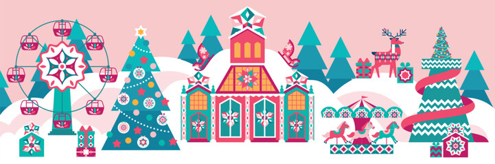Winter wonderland playful background with childish amusement park. Fairytale palace, christmas tree decorated,  ferris wheel, carousel with horses, slide tower, snow slides, deer snowy landscape