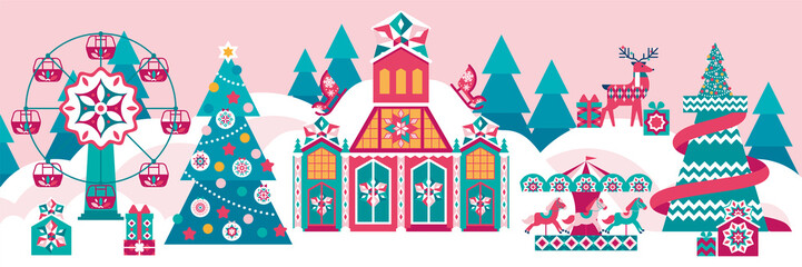Winter wonderland playful background with childish amusement park. Fairytale palace, christmas tree decorated,  ferris wheel, carousel with horses, slide tower, snow slides, gifts, deersnowy landscape © Lina_vector