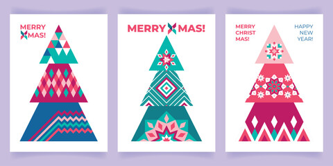 Set of Christmas cards with creative geometric trees with ornaments and patterns. Background, poster, flyer, invitation, label