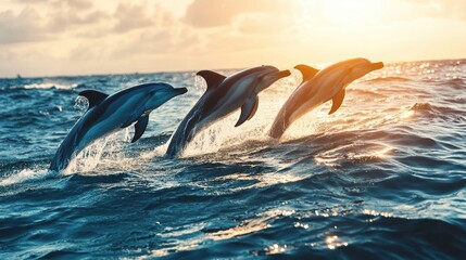 Fototapeta premium Dolphins Jumping Out of the Water at Sunset