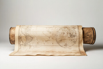 vintage world map rolled up on white background