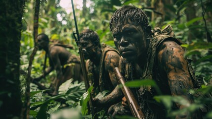 Obraz premium Primitive Hunters Tracking Animals in Dense Jungle