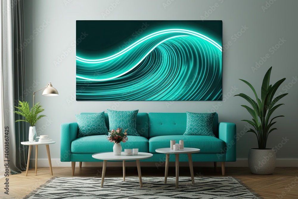 Poster luminous neon wave canvas design with vibrant teal and abstract gradient patterns