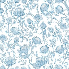 
Protea flowers and hummingbirds. Seamless Toile de Jouy style pattern in blues and shades on a white background. 