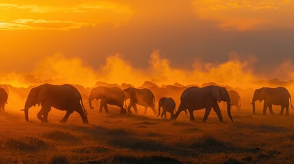 Fototapeta premium Elephants Walking Through Dusty Landscape at Sunset