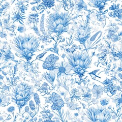 Fototapeta premium Protea flowers and hummingbirds. Seamless Toile de Jouy style pattern in blues and shades on a white background. 