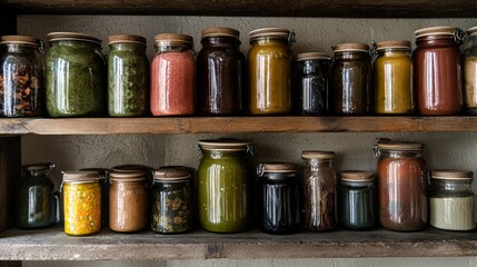 Variety of Homemade Preserves in Glass Jars on Shelf