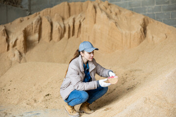 Interested smiling young female farmer scooping soybean hulls from pile in storage at farm,...