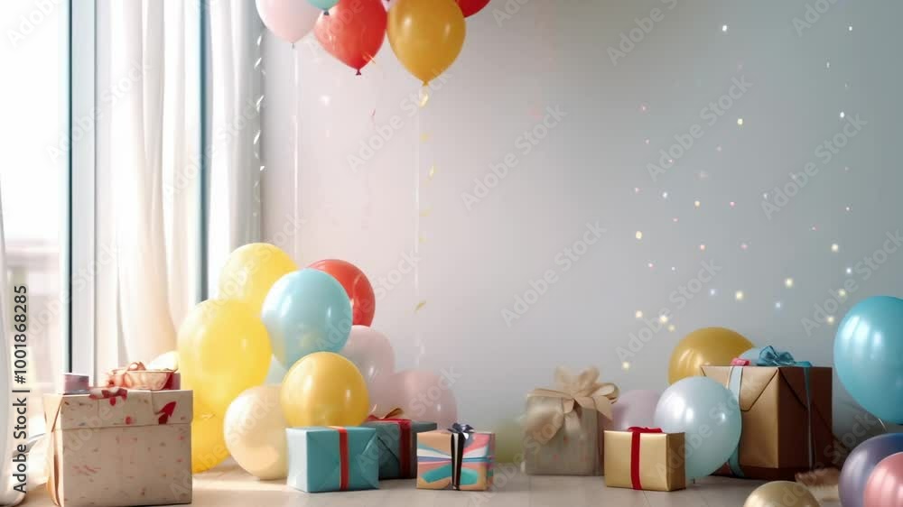 Poster Many colorful balloons floating or lying on the floor next to gift boxes, with a luminous window in the background, creating a festive atmosphere