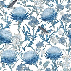 
Protea flowers and hummingbirds. Seamless Toile de Jouy style pattern in blues and shades on a white background. 